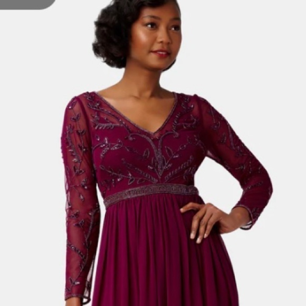 ADRIANNA PAPELL Illusion V-neck Long Sleeve Beaded Chiffon Gown in Bordeaux Sz 4 - Picture 3 of 6